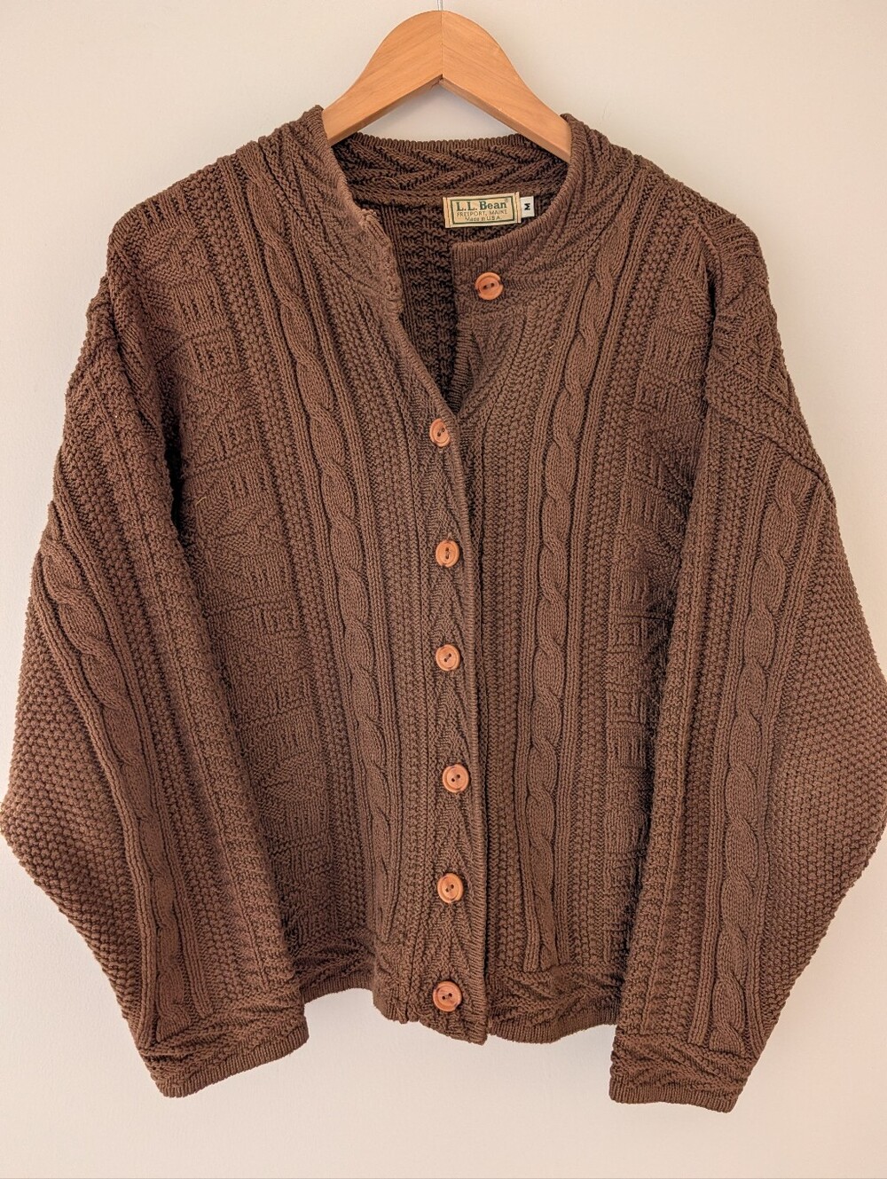 Vintage L.L.Bean Made USA Brown Cotton Cable Knit Cardigan Sweater M Cozy Autumn